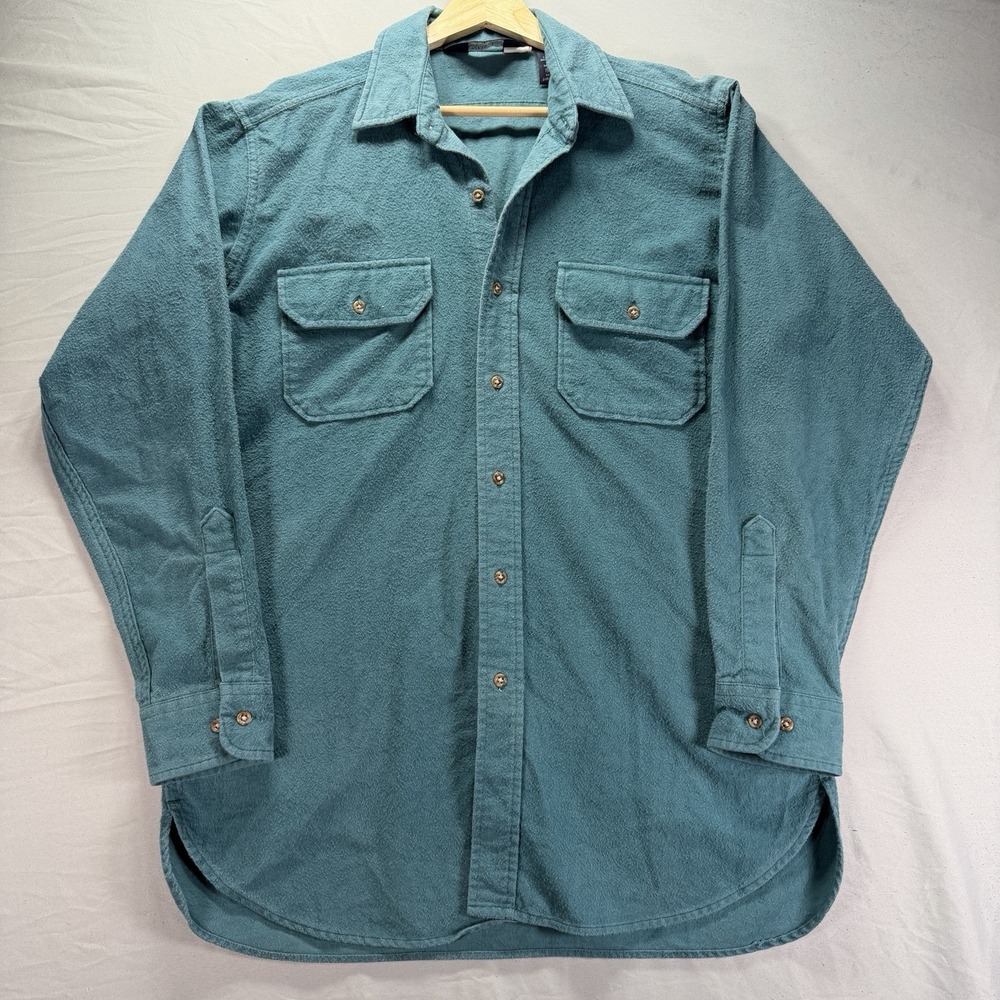 Vintage Lands End Chamois Work Shirt Mens Medium Blue Button Up Made in USA